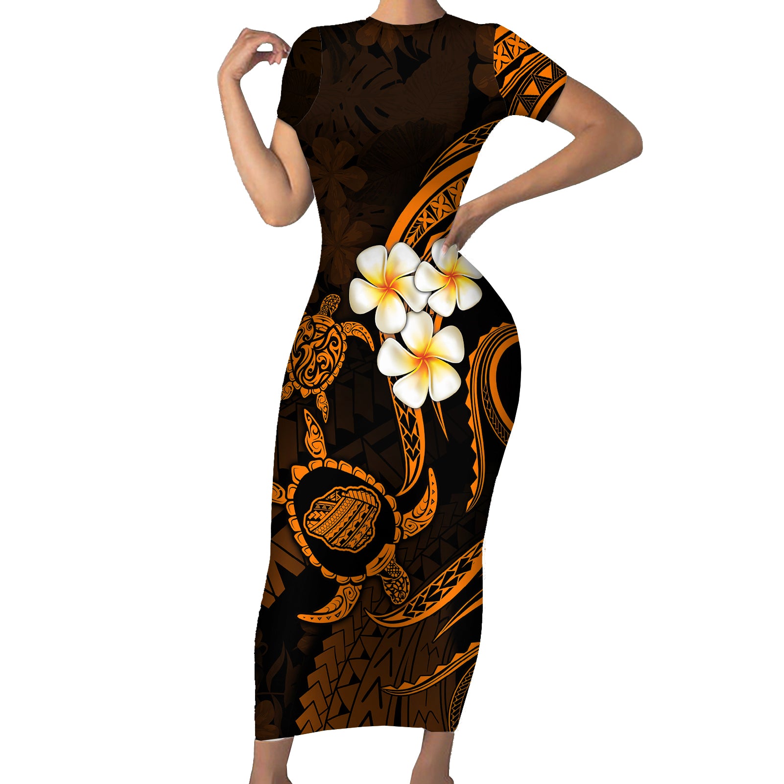 Hawaii Short Sleeve Bodycon Dress Kauai Islands Polynesian Sunset Plumeria Gold Vibe LT9 Long Dress Gold - Polynesian Pride