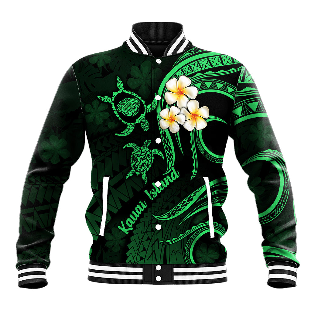 Hawaii Baseball Jacket Kauai Islands Polynesian Sunset Plumeria Green Vibe LT9 Unisex Green - Polynesian Pride