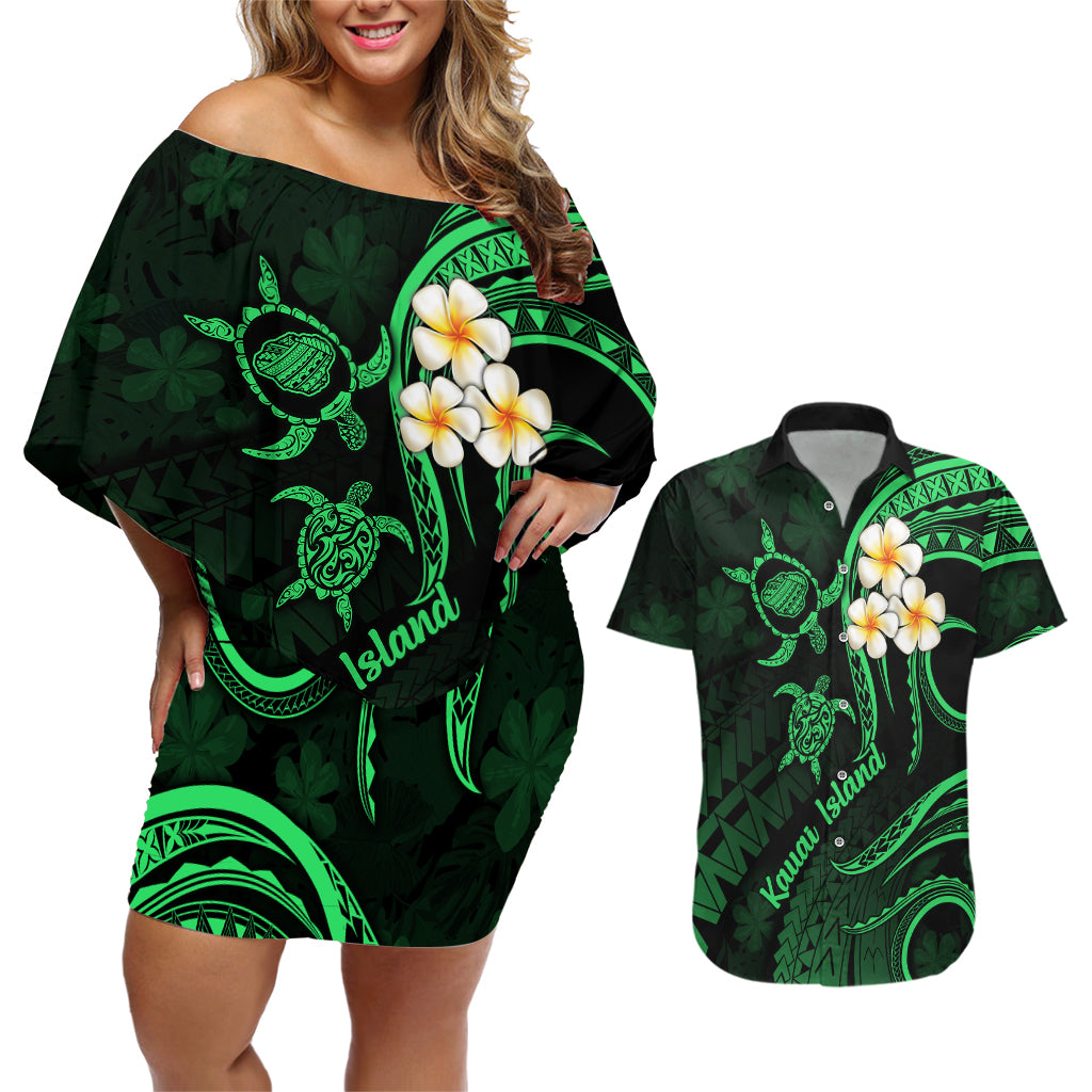 Hawaii Couples Off Shoulder Short Dress and Hawaiian Shirt Kauai Islands Polynesian Sunset Plumeria Green Vibe LT9 Green - Polynesian Pride