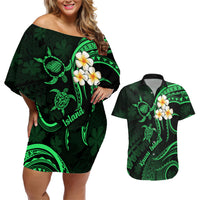 Hawaii Couples Off Shoulder Short Dress and Hawaiian Shirt Kauai Islands Polynesian Sunset Plumeria Green Vibe LT9 Green - Polynesian Pride