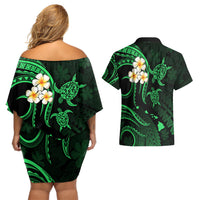 Hawaii Couples Off Shoulder Short Dress and Hawaiian Shirt Kauai Islands Polynesian Sunset Plumeria Green Vibe LT9 - Polynesian Pride