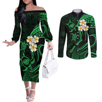 Hawaii Couples Off The Shoulder Long Sleeve Dress and Long Sleeve Button Shirts Kauai Islands Polynesian Sunset Plumeria Green Vibe LT9 Green - Polynesian Pride