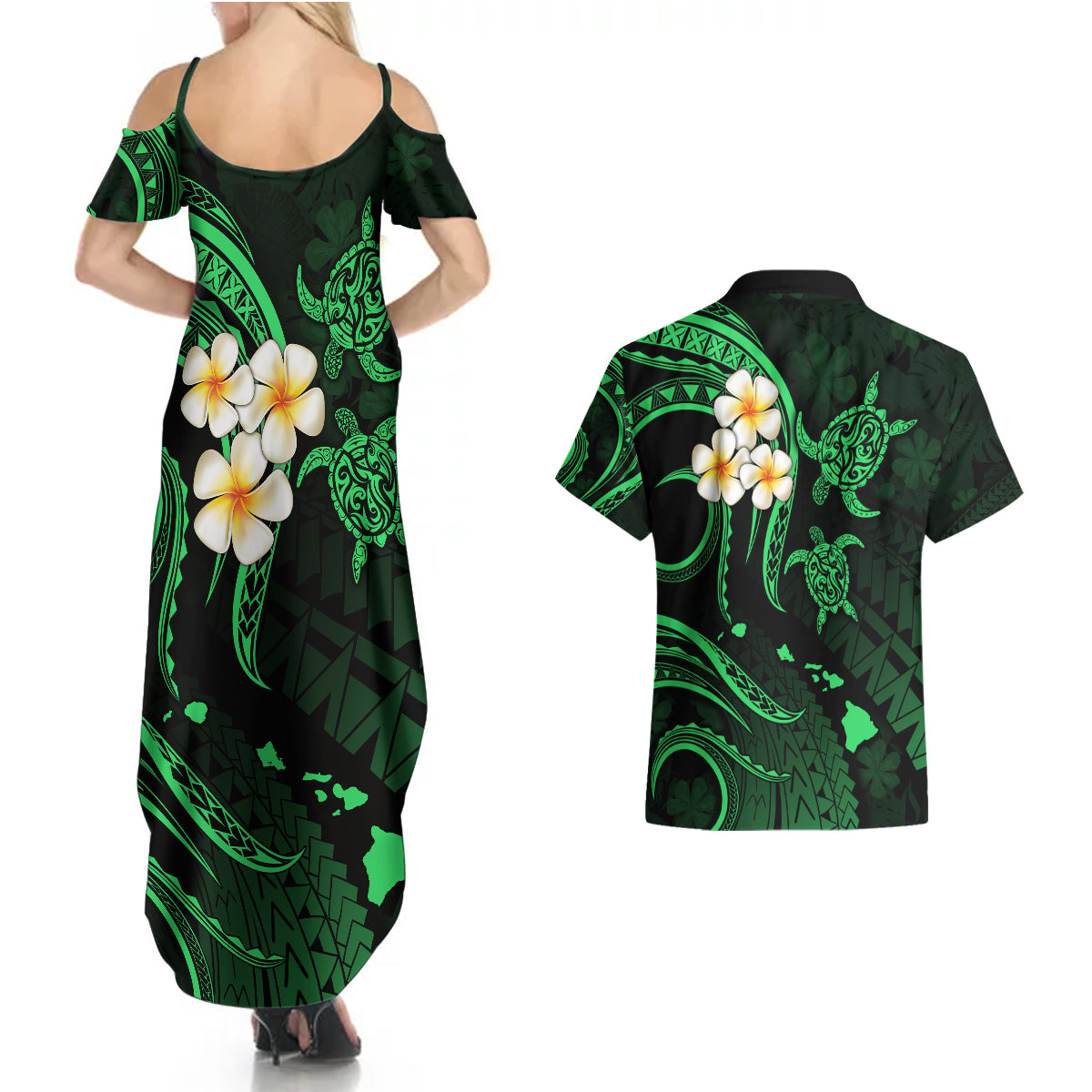 Hawaii Couples Summer Maxi Dress and Hawaiian Shirt Kauai Islands Polynesian Sunset Plumeria Green Vibe LT9 - Polynesian Pride