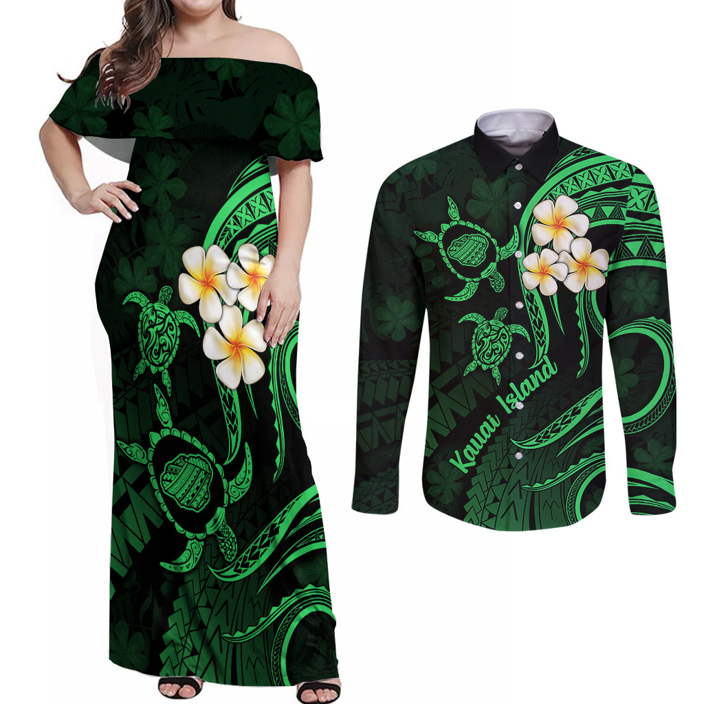 Hawaii Couples Off Shoulder Maxi Dress and Long Sleeve Button Shirts Kauai Islands Polynesian Sunset Plumeria Green Vibe LT9 Green - Polynesian Pride