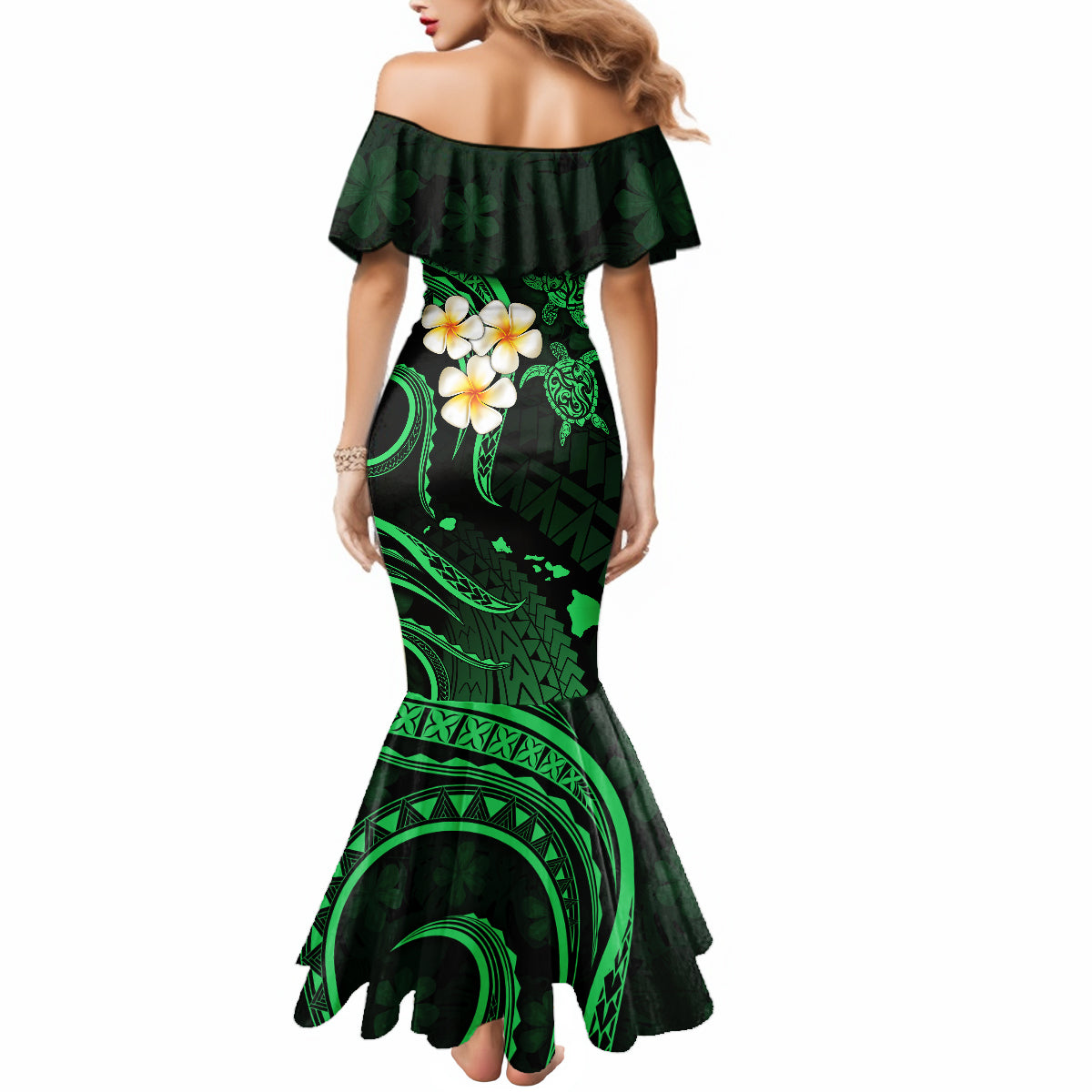 Hawaii Mermaid Dress Kauai Islands Polynesian Sunset Plumeria Green Vibe LT9 - Polynesian Pride