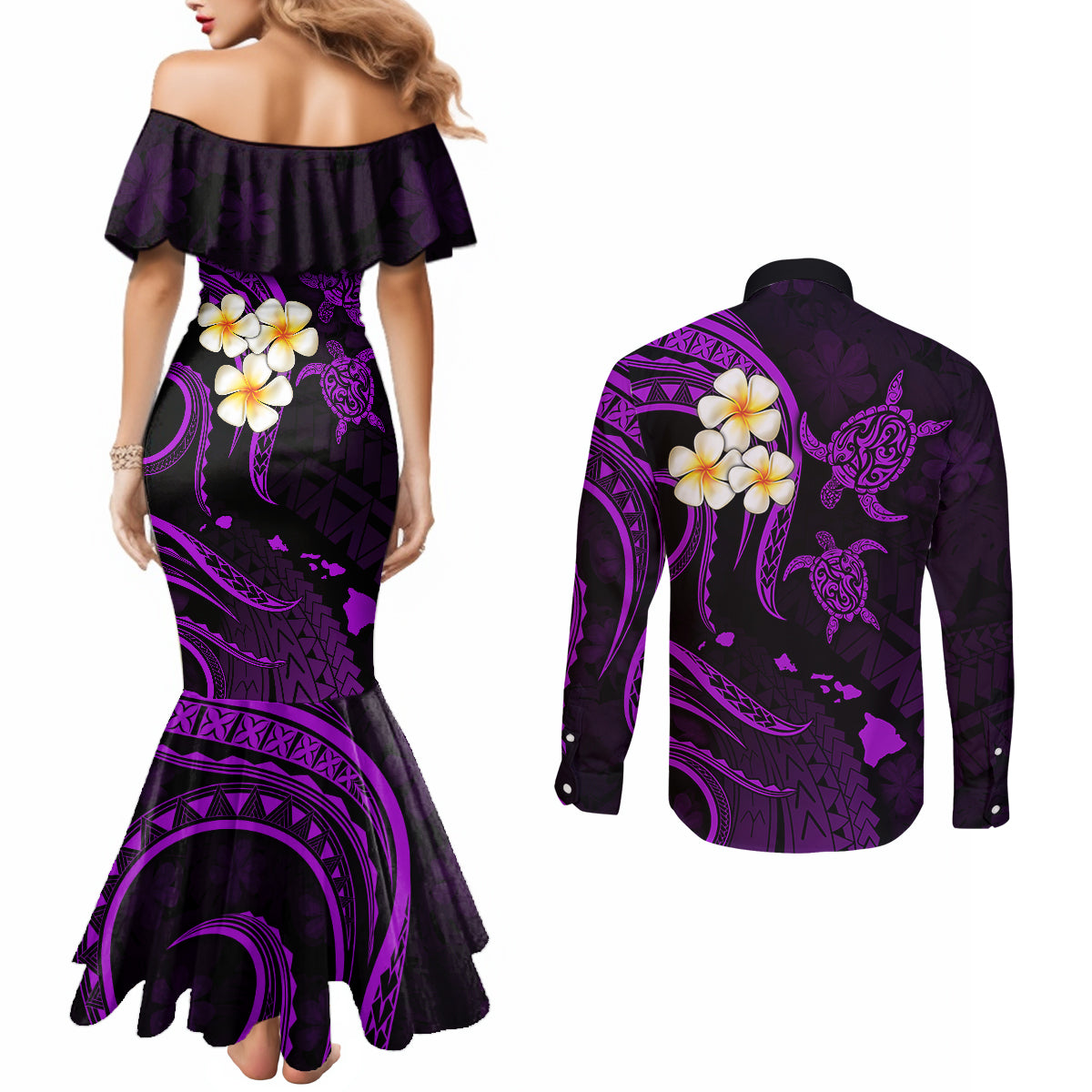 Polynesian Hawaii Couples Mermaid Dress and Long Sleeve Button Shirts Kauai Islands with Pacific Plumeria Purple Vibe LT9 - Polynesian Pride