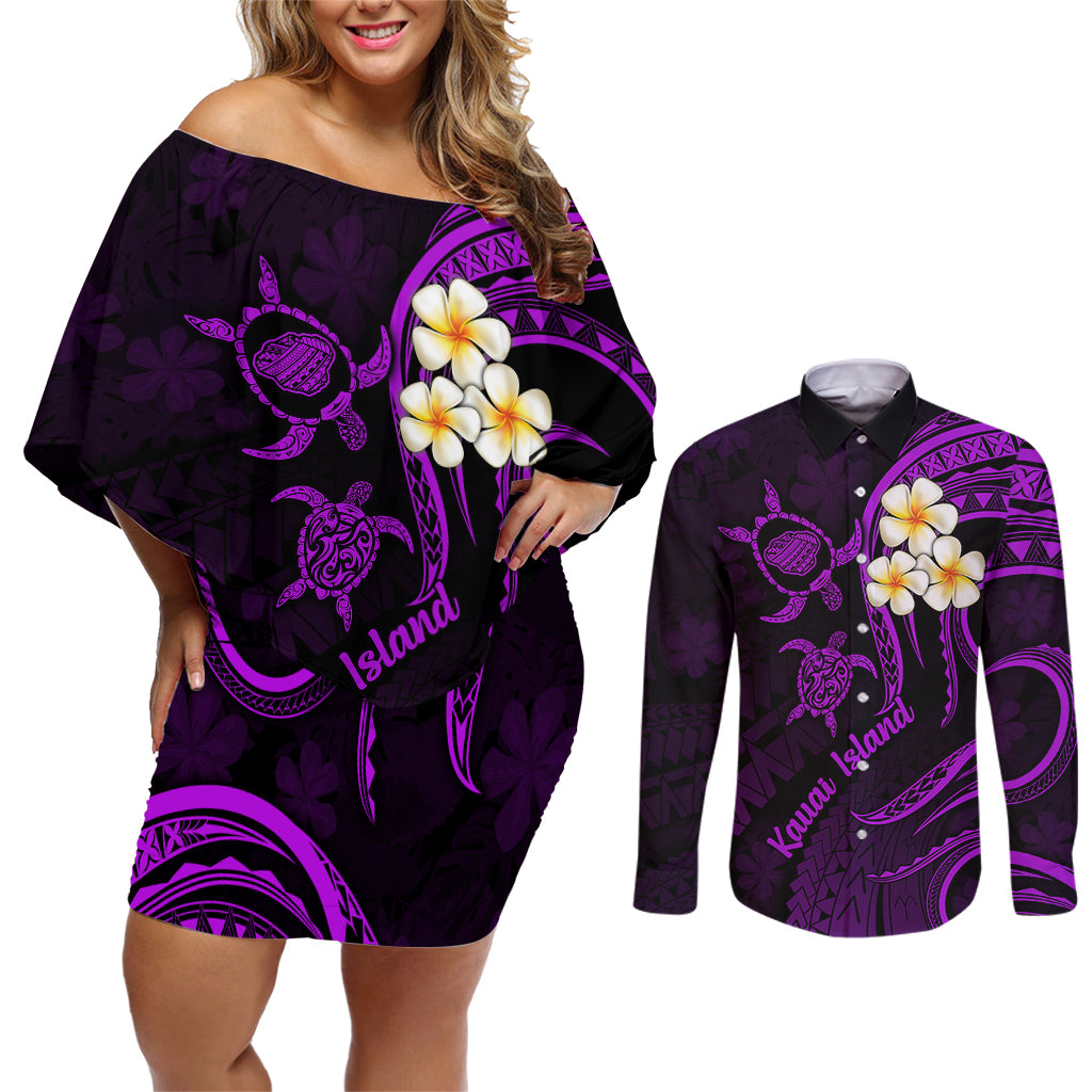 Polynesian Hawaii Couples Off Shoulder Short Dress and Long Sleeve Button Shirts Kauai Islands with Pacific Plumeria Purple Vibe LT9 Purple - Polynesian Pride