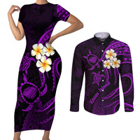 Polynesian Hawaii Couples Short Sleeve Bodycon Dress and Long Sleeve Button Shirts Kauai Islands with Pacific Plumeria Purple Vibe LT9 Purple - Polynesian Pride