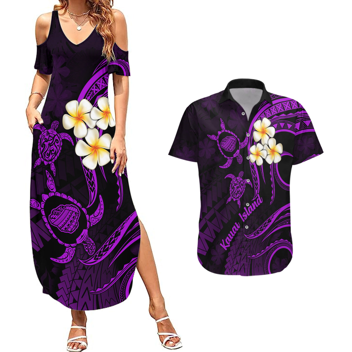 Polynesian Hawaii Couples Summer Maxi Dress and Hawaiian Shirt Kauai Islands with Pacific Plumeria Purple Vibe LT9 Purple - Polynesian Pride