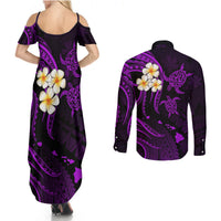 Polynesian Hawaii Couples Summer Maxi Dress and Long Sleeve Button Shirts Kauai Islands with Pacific Plumeria Purple Vibe LT9 - Polynesian Pride