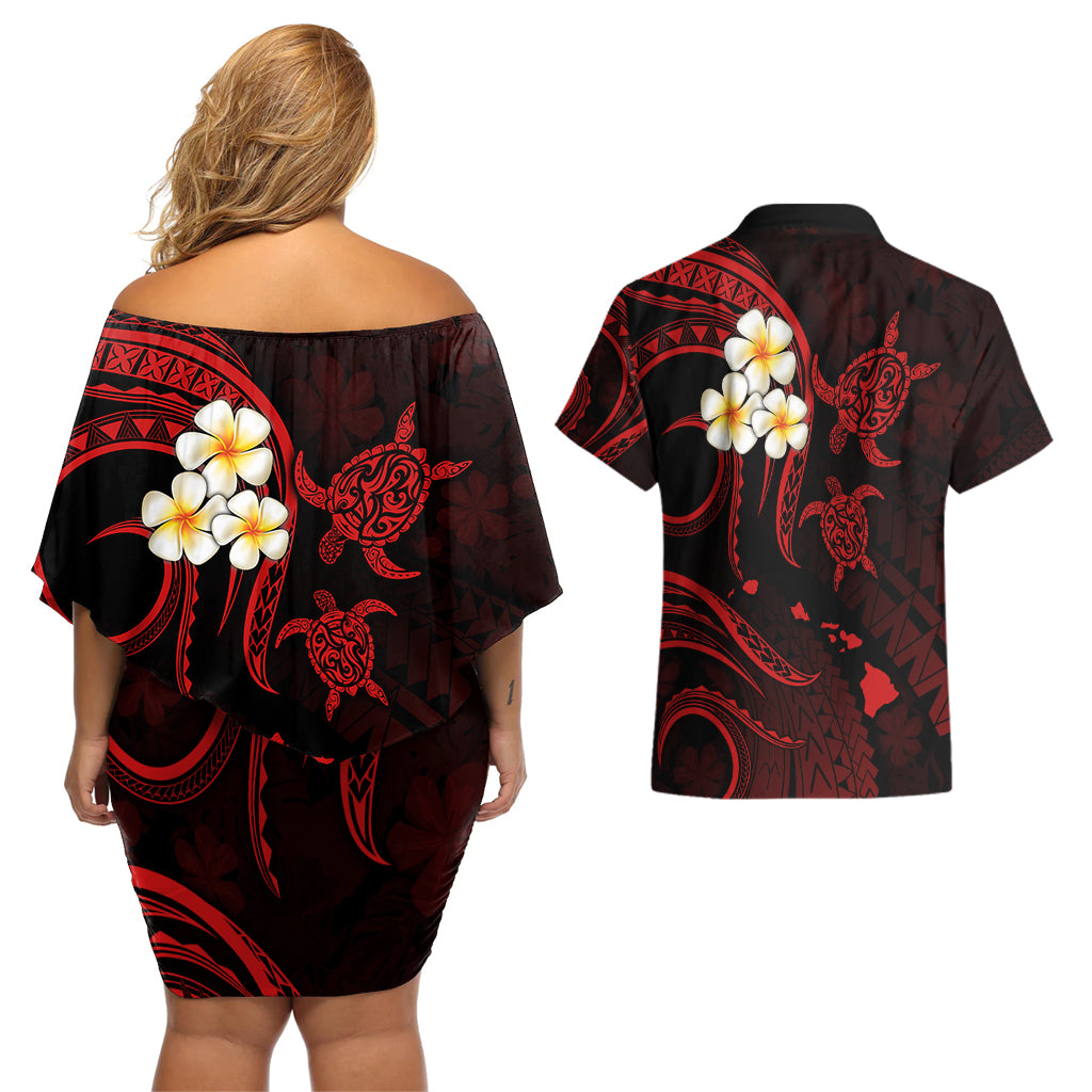 Polynesian Hawaii Couples Off Shoulder Short Dress and Hawaiian Shirt Kauai Islands with Pacific Plumeria Red Vibe LT9 - Polynesian Pride