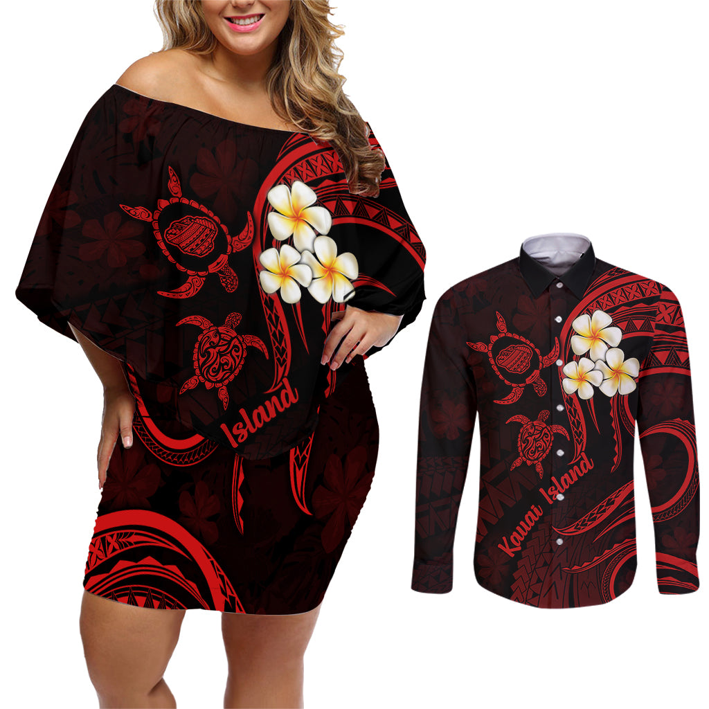 Polynesian Hawaii Couples Off Shoulder Short Dress and Long Sleeve Button Shirts Kauai Islands with Pacific Plumeria Red Vibe LT9 Red - Polynesian Pride