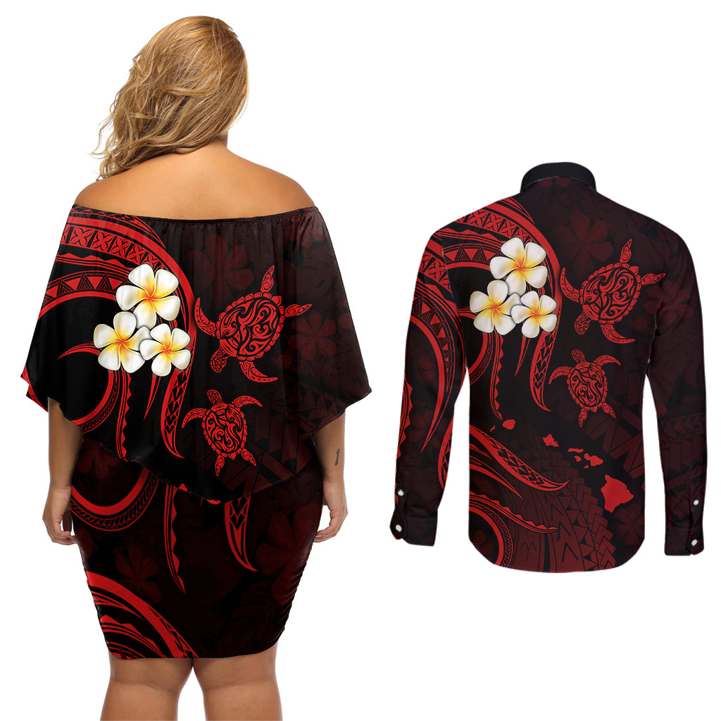 Polynesian Hawaii Couples Off Shoulder Short Dress and Long Sleeve Button Shirts Kauai Islands with Pacific Plumeria Red Vibe LT9 - Polynesian Pride