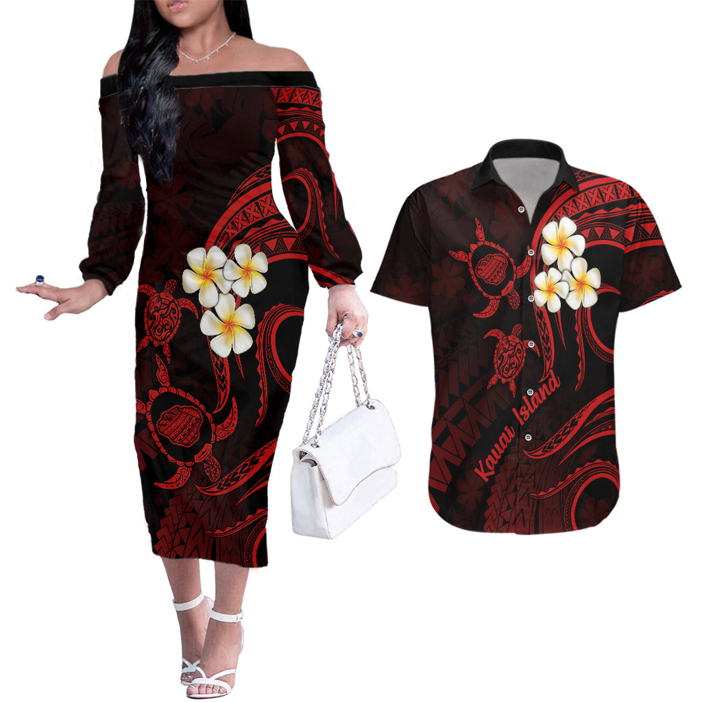 Polynesian Hawaii Couples Off The Shoulder Long Sleeve Dress and Hawaiian Shirt Kauai Islands with Pacific Plumeria Red Vibe LT9 Red - Polynesian Pride