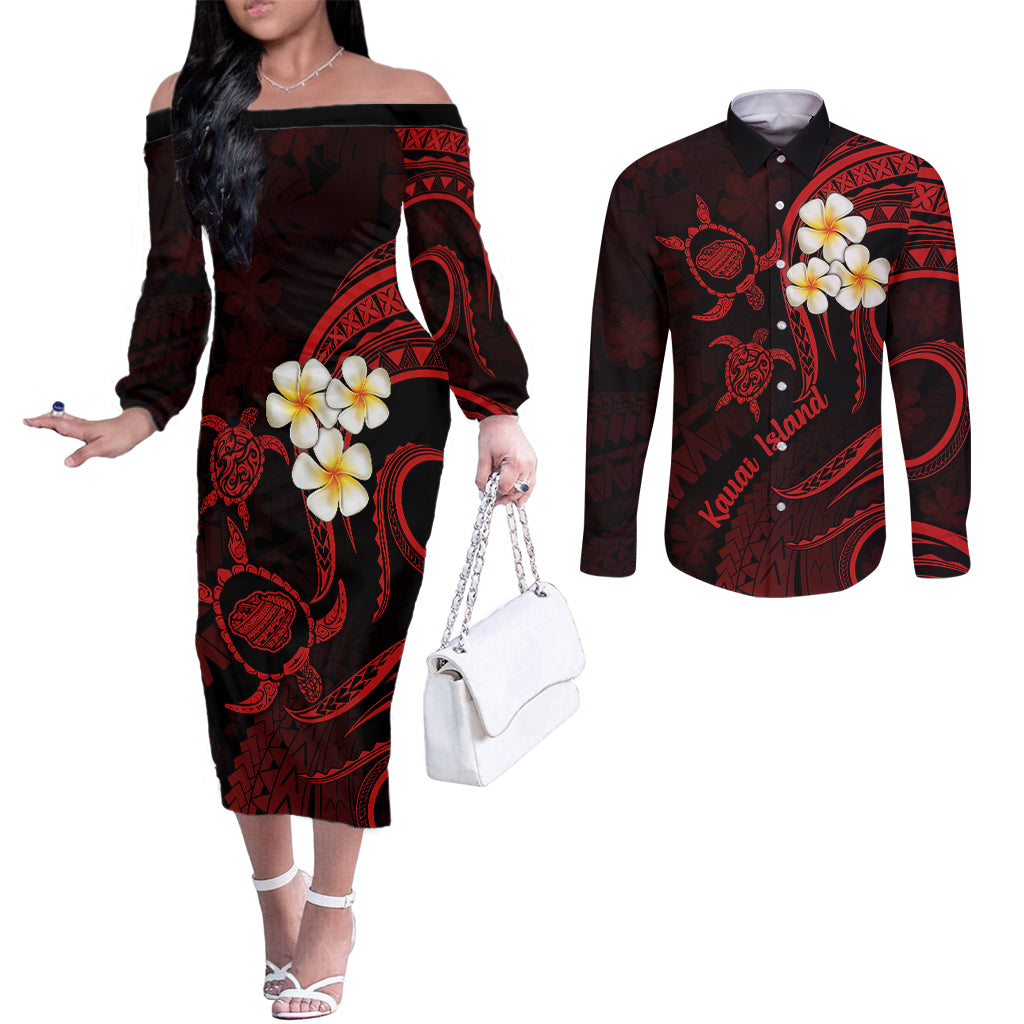 Polynesian Hawaii Couples Off The Shoulder Long Sleeve Dress and Long Sleeve Button Shirts Kauai Islands with Pacific Plumeria Red Vibe LT9 Red - Polynesian Pride
