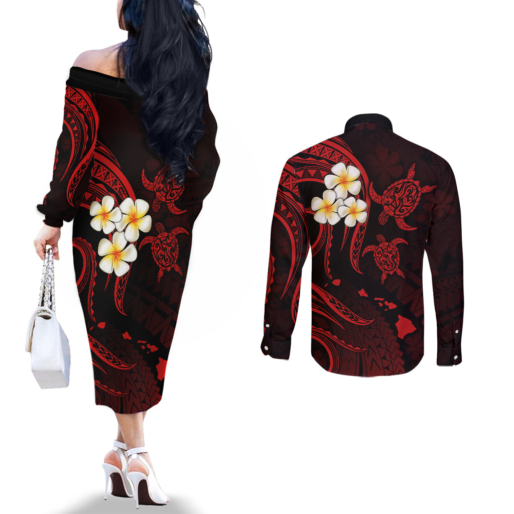 Polynesian Hawaii Couples Off The Shoulder Long Sleeve Dress and Long Sleeve Button Shirts Kauai Islands with Pacific Plumeria Red Vibe LT9 - Polynesian Pride