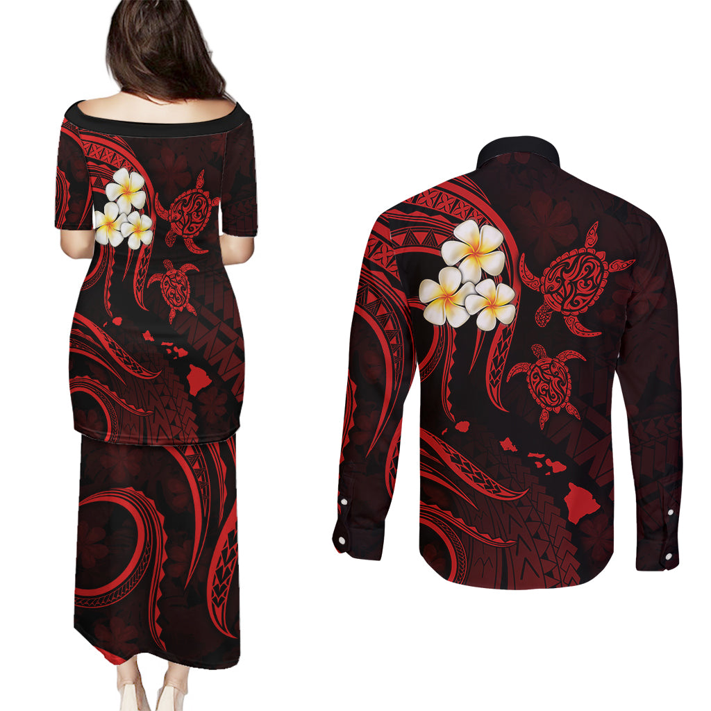 Polynesian Hawaii Couples Puletasi Dress and Long Sleeve Button Shirts Kauai Islands with Pacific Plumeria Red Vibe LT9 - Polynesian Pride