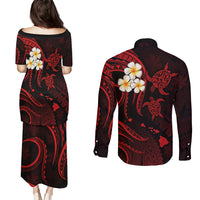 Polynesian Hawaii Couples Puletasi Dress and Long Sleeve Button Shirts Kauai Islands with Pacific Plumeria Red Vibe LT9 - Polynesian Pride