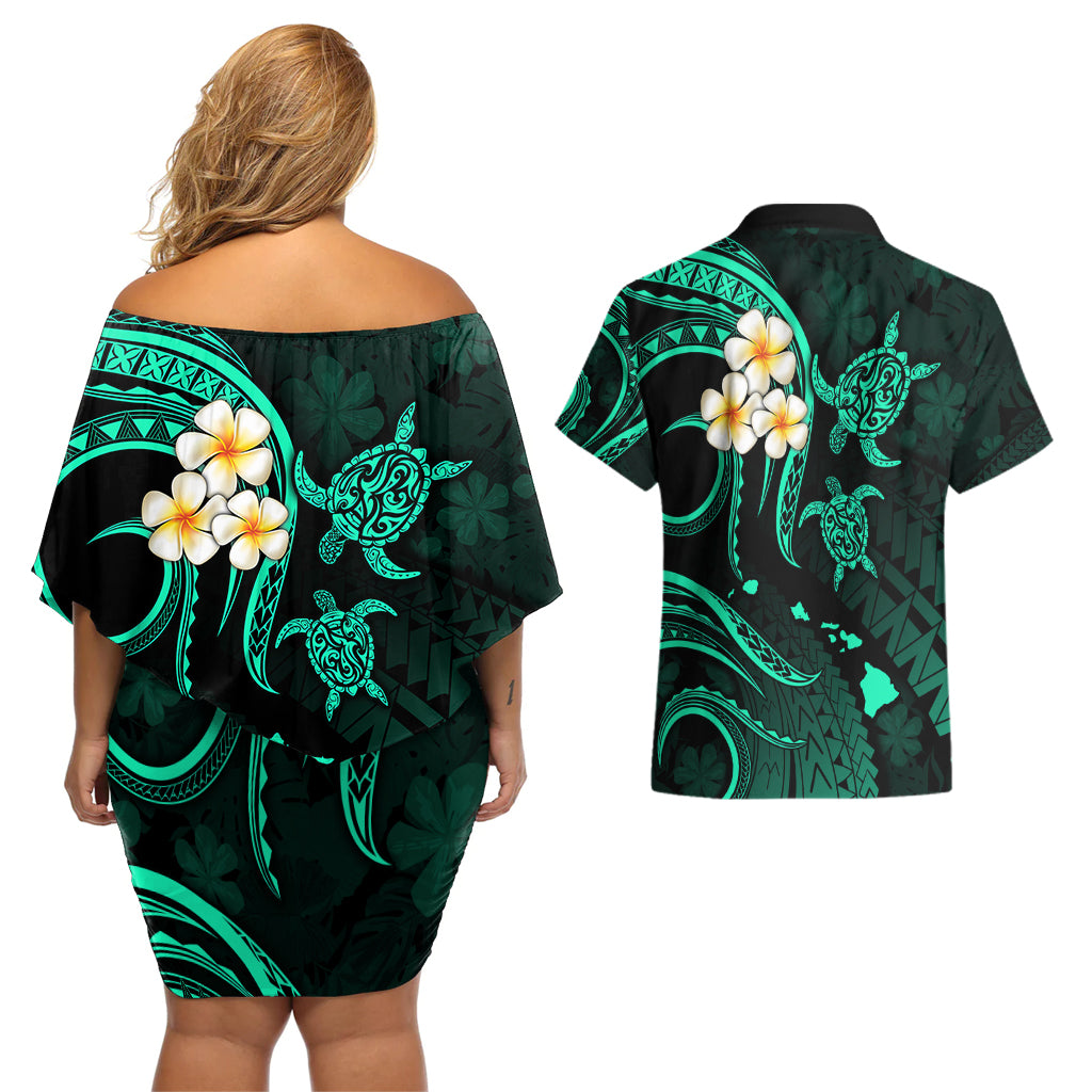 Polynesian Hawaii Couples Off Shoulder Short Dress and Hawaiian Shirt Kauai Islands with Pacific Plumeria Turquoise Vibe LT9 - Polynesian Pride