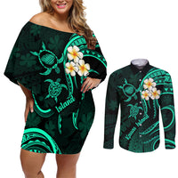 Polynesian Hawaii Couples Off Shoulder Short Dress and Long Sleeve Button Shirts Kauai Islands with Pacific Plumeria Turquoise Vibe LT9 Turquoise - Polynesian Pride