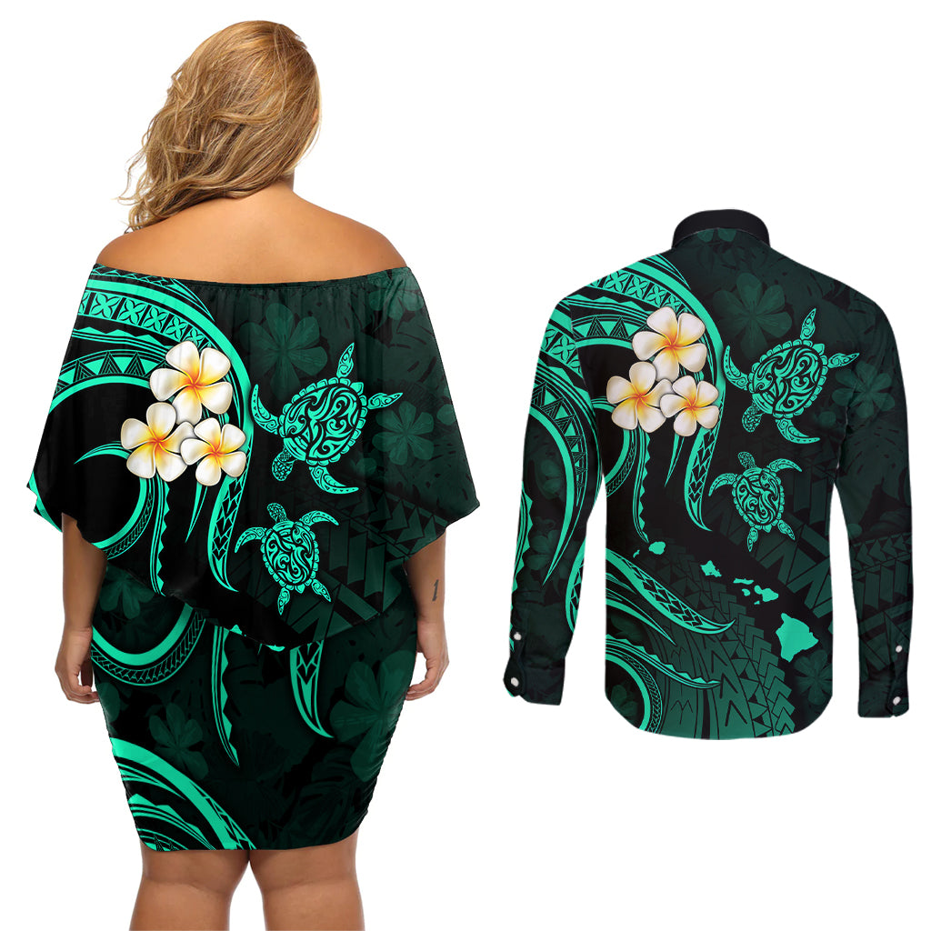 Polynesian Hawaii Couples Off Shoulder Short Dress and Long Sleeve Button Shirts Kauai Islands with Pacific Plumeria Turquoise Vibe LT9 - Polynesian Pride
