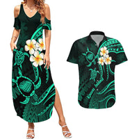 Polynesian Hawaii Couples Summer Maxi Dress and Hawaiian Shirt Kauai Islands with Pacific Plumeria Turquoise Vibe LT9 Turquoise - Polynesian Pride
