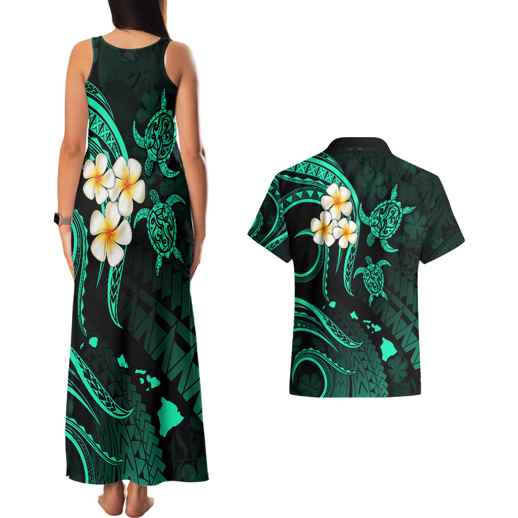 Polynesian Hawaii Couples Matching Tank Maxi Dress And Hawaiian Shirt Kauai Islands with Pacific Plumeria Turquoise Vibe LT9 - Polynesian Pride