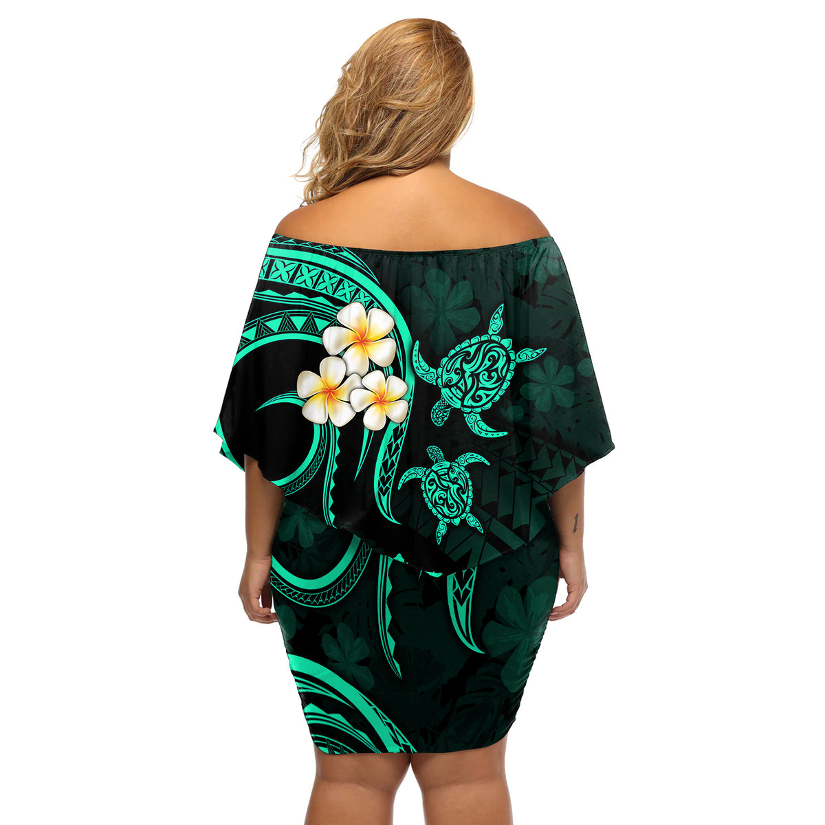 Polynesian Hawaii Off Shoulder Short Dress Kauai Islands with Pacific Plumeria Turquoise Vibe LT9 - Polynesian Pride
