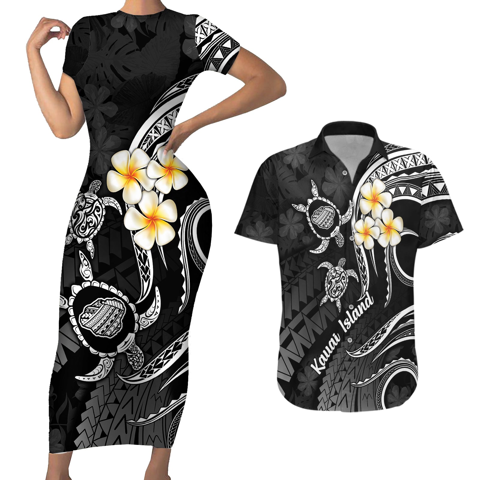 Polynesian Hawaii Couples Short Sleeve Bodycon Dress and Hawaiian Shirt Kauai Islands with Pacific Plumeria White Vibe LT9 White - Polynesian Pride