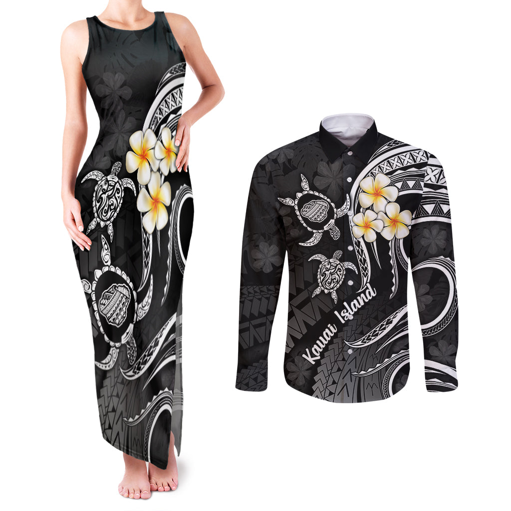 Polynesian Hawaii Couples Matching Tank Maxi Dress and Long Sleeve Button Shirts Kauai Islands with Pacific Plumeria White Vibe LT9 White - Polynesian Pride