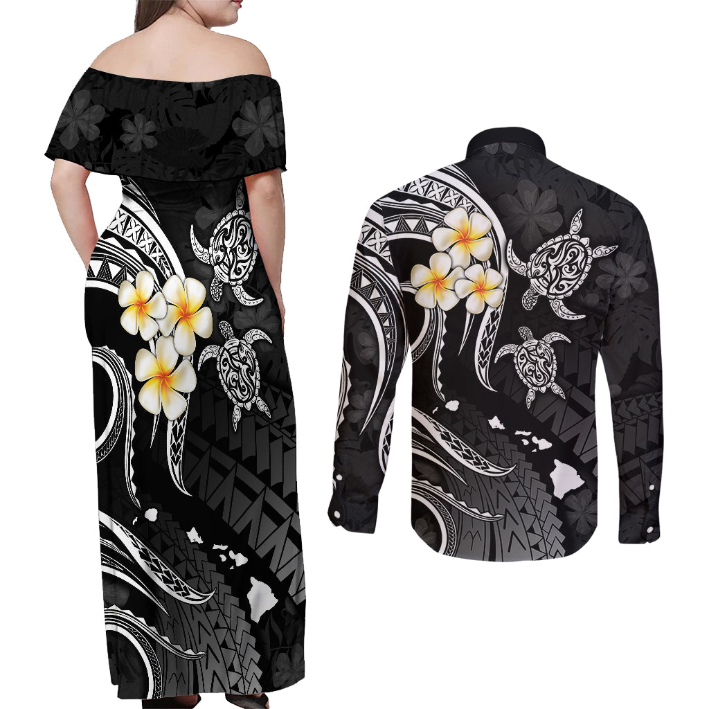 Polynesian Hawaii Couples Off Shoulder Maxi Dress and Long Sleeve Button Shirts Kauai Islands with Pacific Plumeria White Vibe LT9 - Polynesian Pride