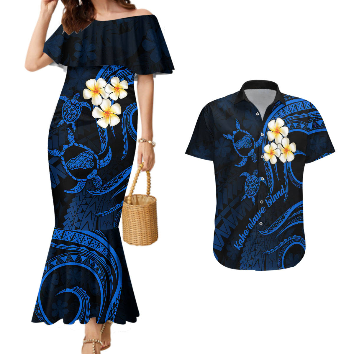 Hawaii Couples Mermaid Dress And Hawaiian Shirt Kahoolawe Islands Polynesian Sunset Plumeria LT9 Blue - Polynesian Pride