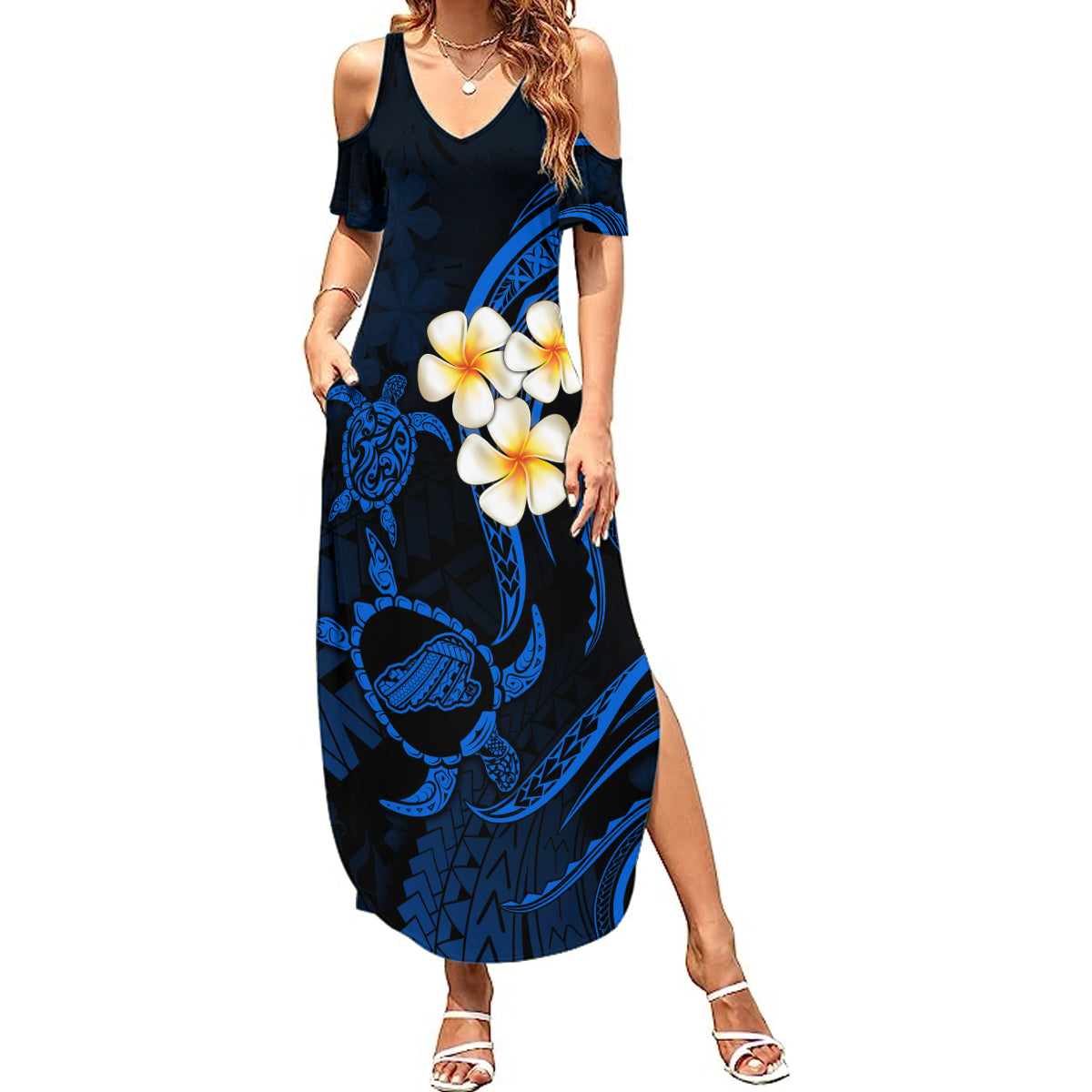 Hawaii Summer Maxi Dress Kahoolawe Islands Polynesian Sunset Plumeria LT9 Women Blue - Polynesian Pride