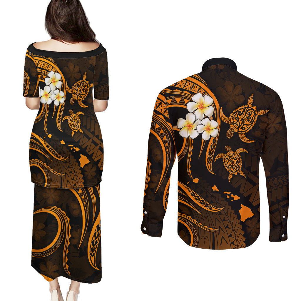 Hawaii Couples Puletasi Dress and Long Sleeve Button Shirts Kahoolawe Islands Polynesian Sunset Plumeria Gold Vibe LT9 - Polynesian Pride