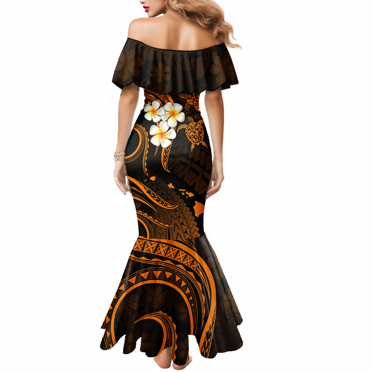 Hawaii Mermaid Dress Kahoolawe Islands Polynesian Sunset Plumeria Gold Vibe LT9 - Polynesian Pride