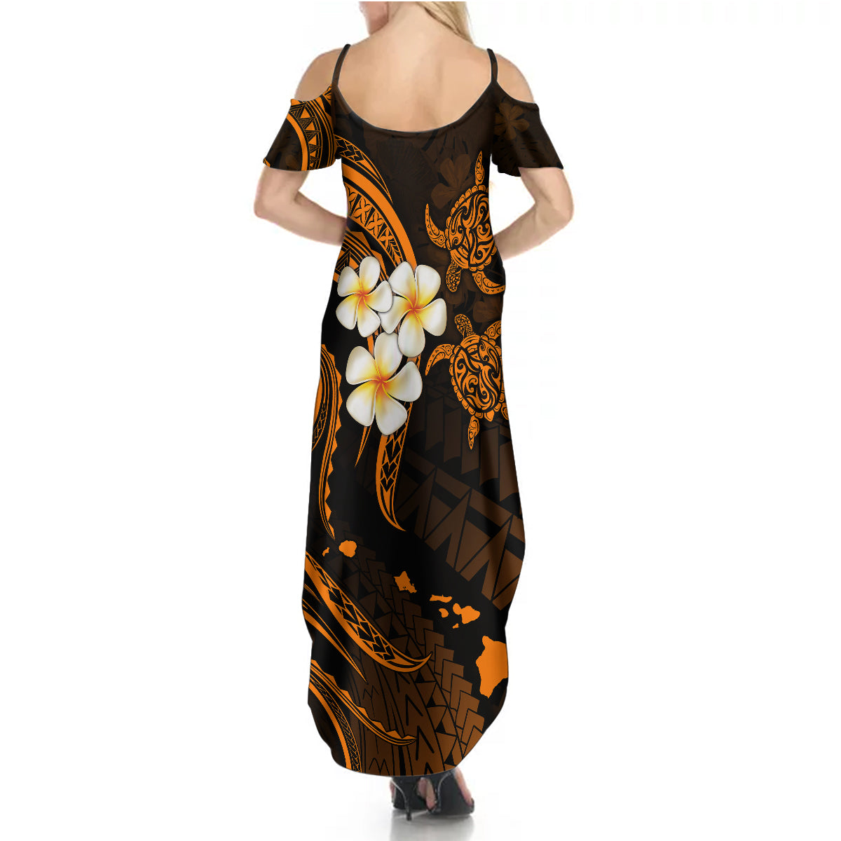 Hawaii Summer Maxi Dress Kahoolawe Islands Polynesian Sunset Plumeria Gold Vibe LT9 - Polynesian Pride