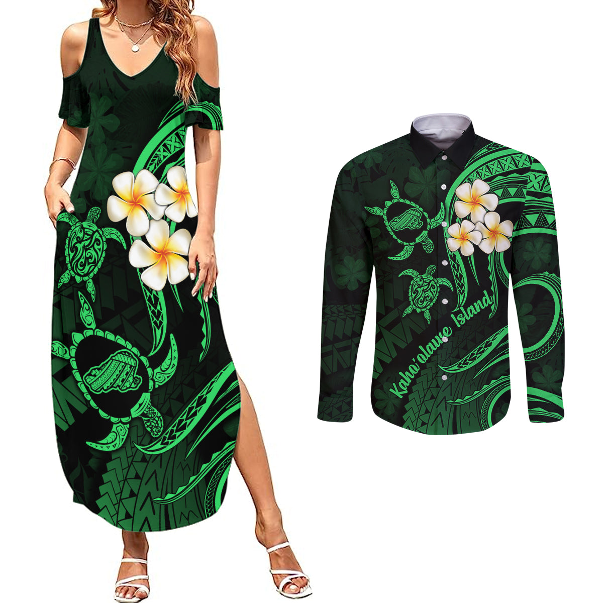 Hawaii Couples Summer Maxi Dress and Long Sleeve Button Shirts Kahoolawe Islands Polynesian Sunset Plumeria Green Vibe LT9 Green - Polynesian Pride
