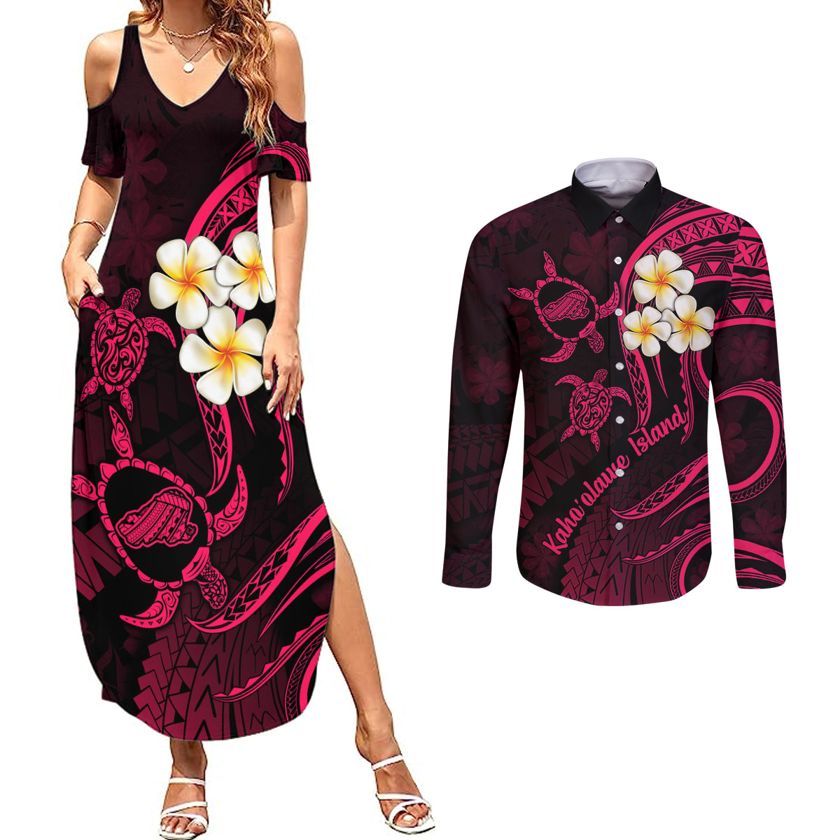 Hawaii Couples Summer Maxi Dress and Long Sleeve Button Shirts Kahoolawe Islands Polynesian Sunset Plumeria Pink Vibe LT9 Pink - Polynesian Pride