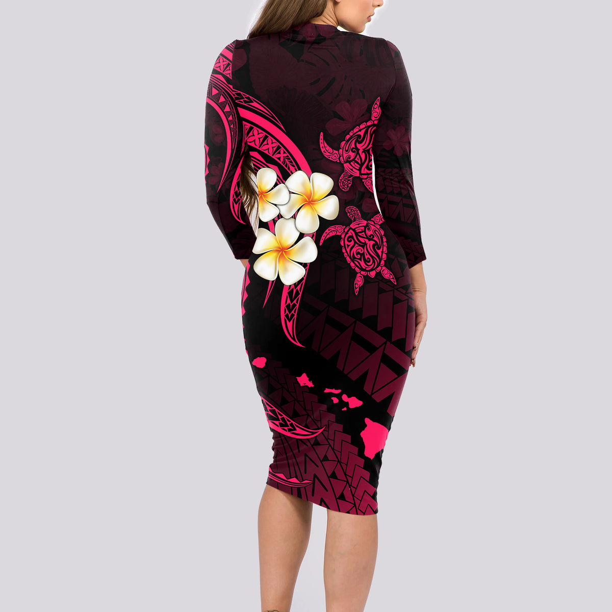 Hawaii Long Sleeve Bodycon Dress Kahoolawe Islands Polynesian Sunset Plumeria Pink Vibe LT9 - Polynesian Pride