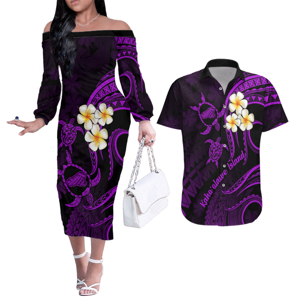 Polynesian Hawaii Couples Off The Shoulder Long Sleeve Dress and Hawaiian Shirt Kahoolawe Islands with Pacific Plumeria Purple Vibe LT9 Purple - Polynesian Pride