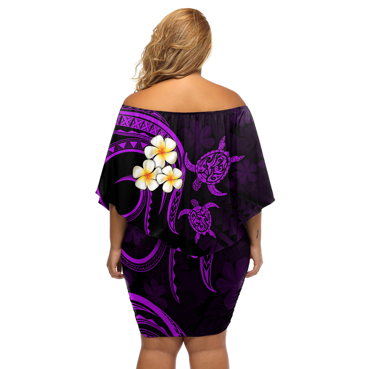 Polynesian Hawaii Off Shoulder Short Dress Kahoolawe Islands with Pacific Plumeria Purple Vibe LT9 - Polynesian Pride