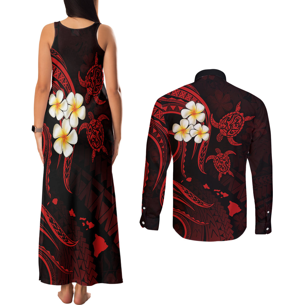 Polynesian Hawaii Couples Matching Tank Maxi Dress and Long Sleeve Button Shirts Kahoolawe Islands with Pacific Plumeria Red Vibe LT9 - Polynesian Pride