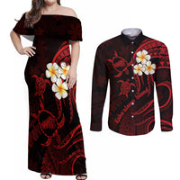 Polynesian Hawaii Couples Off Shoulder Maxi Dress and Long Sleeve Button Shirts Kahoolawe Islands with Pacific Plumeria Red Vibe LT9 Red - Polynesian Pride