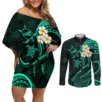 Polynesian Hawaii Couples Off Shoulder Short Dress and Long Sleeve Button Shirts Kahoolawe Islands with Pacific Plumeria Turquoise Vibe LT9 Turquoise - Polynesian Pride