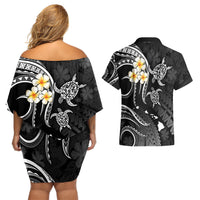 Polynesian Hawaii Couples Off Shoulder Short Dress and Hawaiian Shirt Kahoolawe Islands with Pacific Plumeria White Vibe LT9 - Polynesian Pride