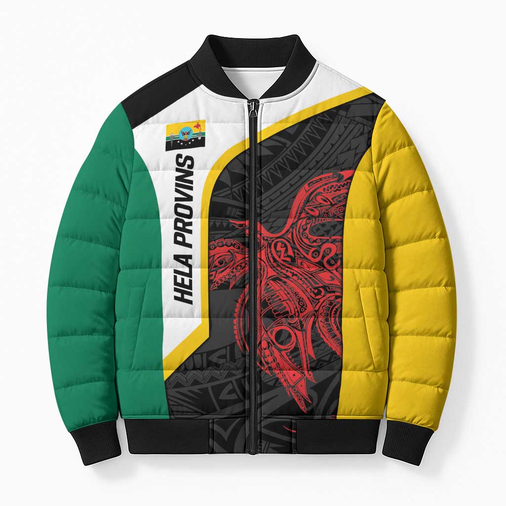Personalised PNG Hela Province Bomber Puffer Jacket Bird of Paradise Tattoo Flag Motif - Polynesian Pride