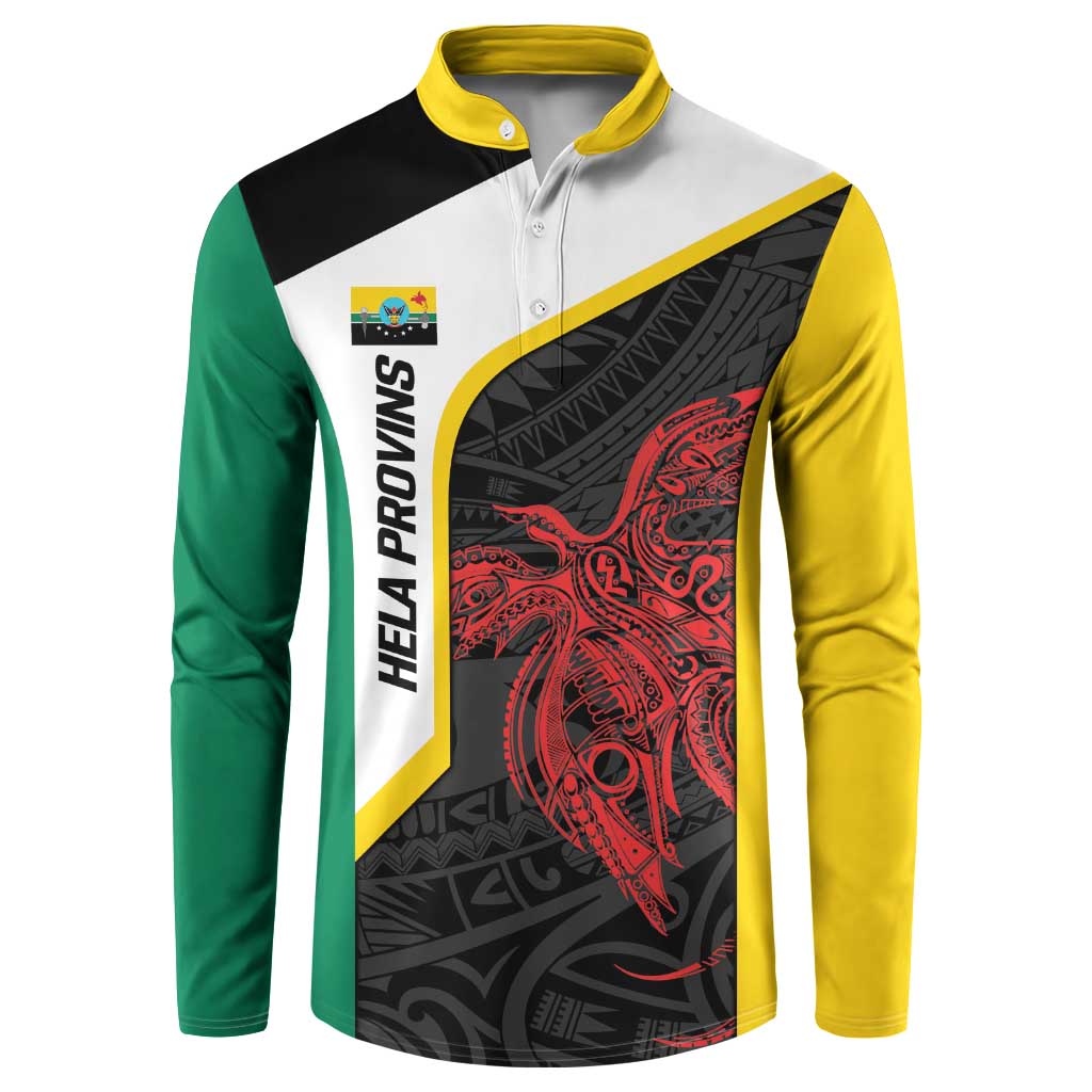 Personalised PNG Hela Province Button Sweatshirt Bird of Paradise Tattoo Flag Motif - Polynesian Pride