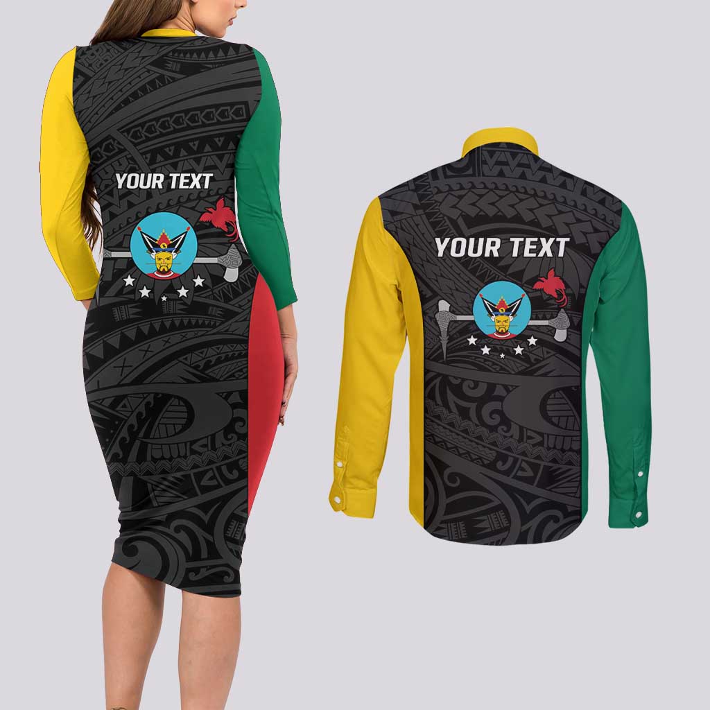 Personalised PNG Hela Province Couples Matching Long Sleeve Bodycon Dress and Long Sleeve Button Shirt Bird of Paradise Tattoo Flag Motif - Polynesian Pride