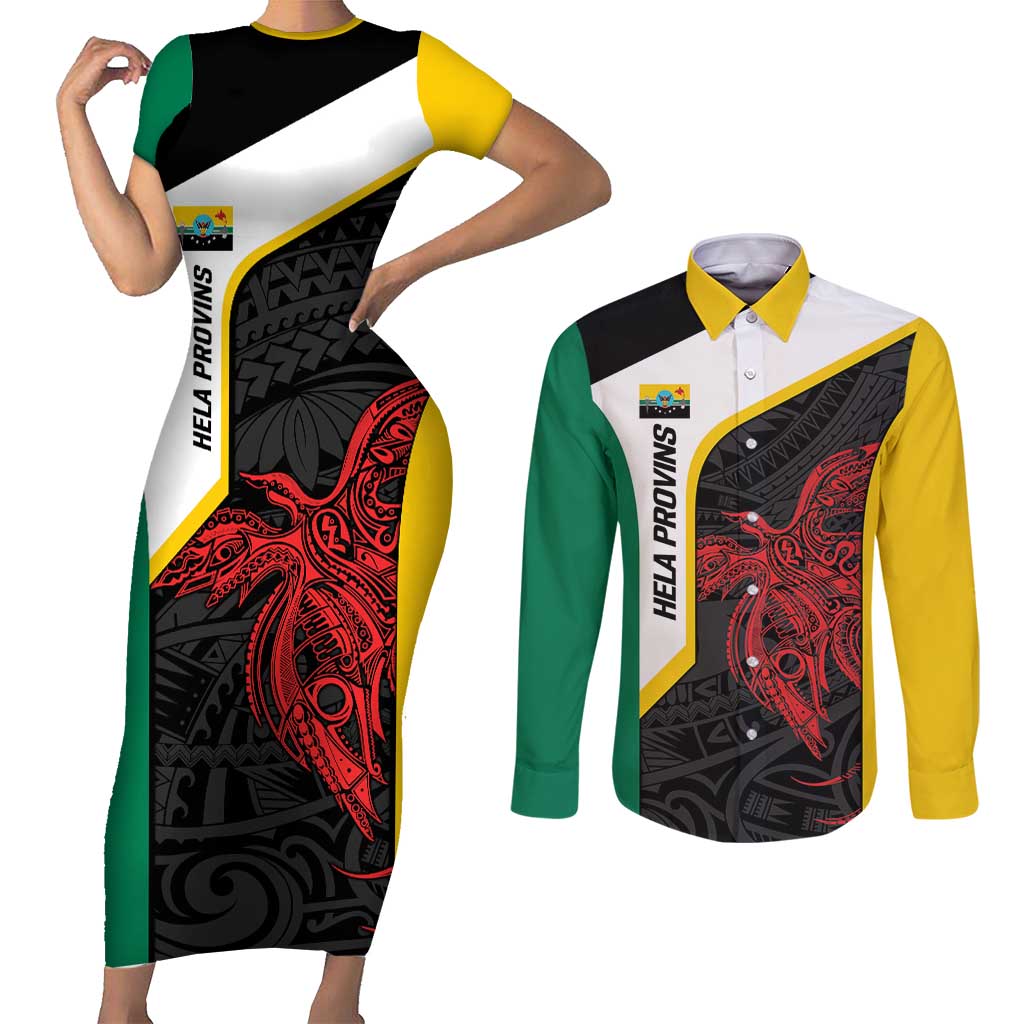 Personalised PNG Hela Province Couples Matching Short Sleeve Bodycon Dress and Long Sleeve Button Shirt Bird of Paradise Tattoo Flag Motif - Polynesian Pride