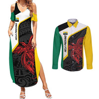 Personalised PNG Hela Province Couples Matching Summer Maxi Dress and Long Sleeve Button Shirt Bird of Paradise Tattoo Flag Motif - Polynesian Pride